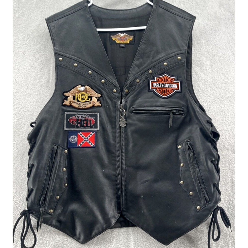 Harley Davidson Vest Mens Sz L Black Leather Zip Ride the Wind Patches SIDE TIES